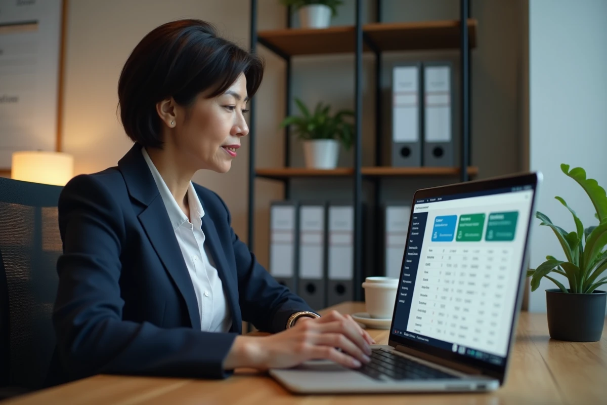 Cheffe d'entreprise gérant les rappels SMS et le tableau de bord de rendez-vous sur son ordinateur portable dans un bureau