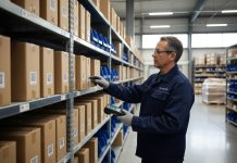 Gestionnaire d'entrepot inspectant des cartons avec QR code