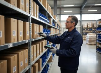 Optimiser l’organisation logistique grâce aux solutions d’étiquetage innovantes Gestionnaire d'entrepot inspectant des cartons avec QR code