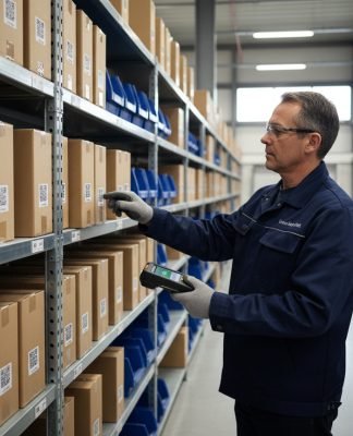 Gestionnaire d'entrepot inspectant des cartons avec QR code