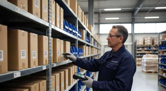 Gestionnaire d'entrepot inspectant des cartons avec QR code