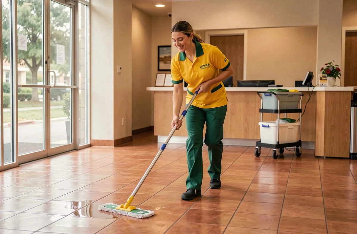 Femme en uniforme de nettoyage jaune et vert nettoyant le sol d'un hall commercial pour Girassol Nettoyage
