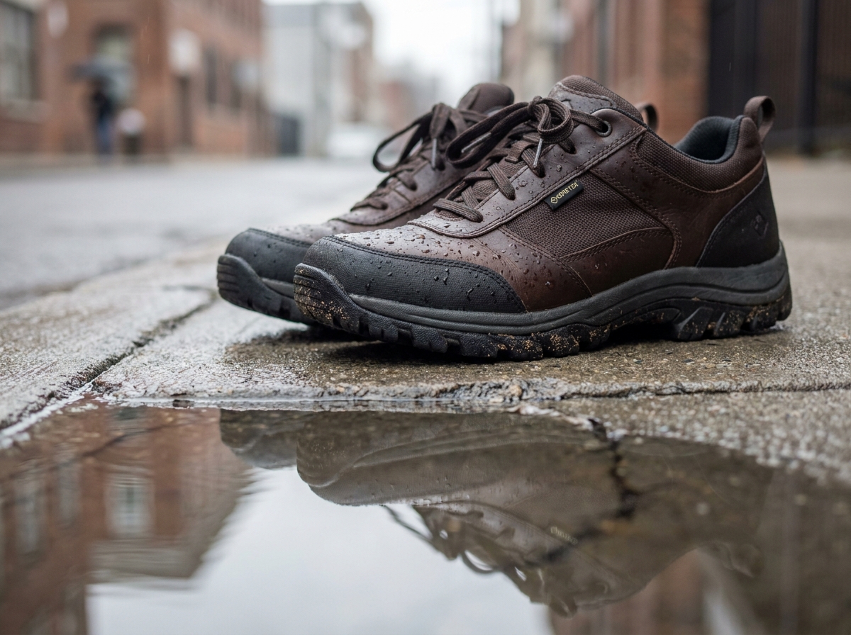 Gros plan sur des chaussures de marche imperméables féminines avec des gouttes d'eau sur pavé mouillé