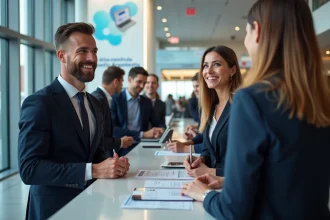 Groupe de professionnels accueillis lors d'un événement d'affaires
