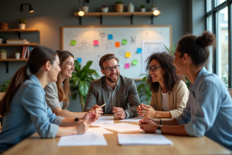 Groupe de quatre adultes en brainstorming dans un espace moderne