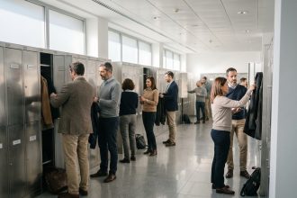 Groupe de salariés organisant leurs affaires dans un vestiaire moderne