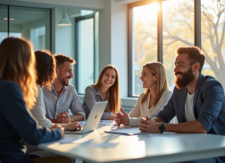 Groupe d'employes en réunion dans un bureau lumineux