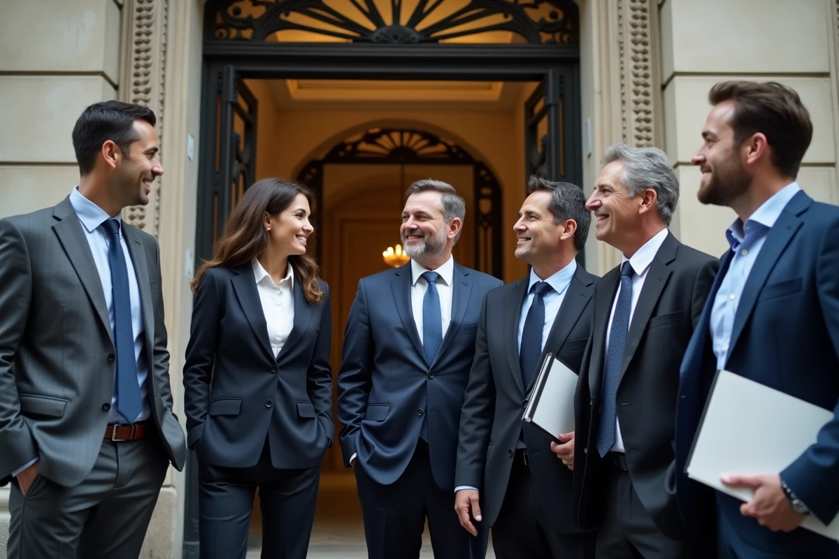 Groupe de professionnels devant un siège parisien emblématique