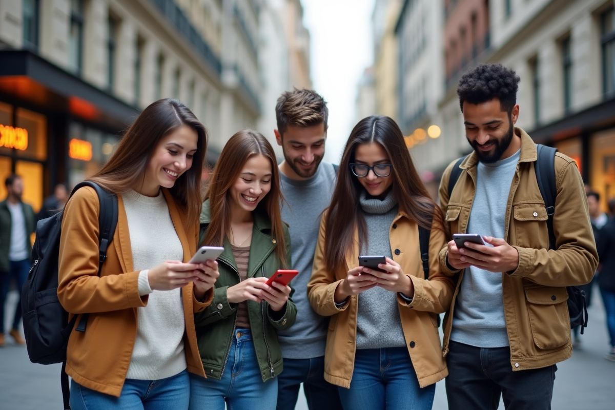 Groupe de jeunes discutant marketing digital en ville