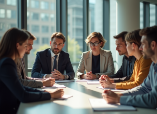 Développer les talents internes : pourquoi c’est un pari gagnant pour les RH Groupe de professionnels en réunion dans un bureau moderne