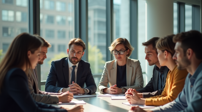 Groupe de professionnels en réunion dans un bureau moderne