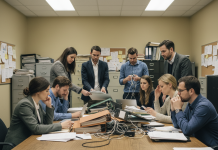 Groupe de professionnels en réunion dans un bureau ancien