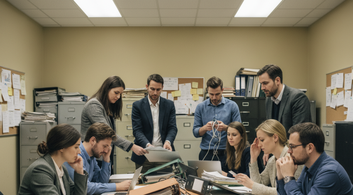 Groupe de professionnels en réunion dans un bureau ancien