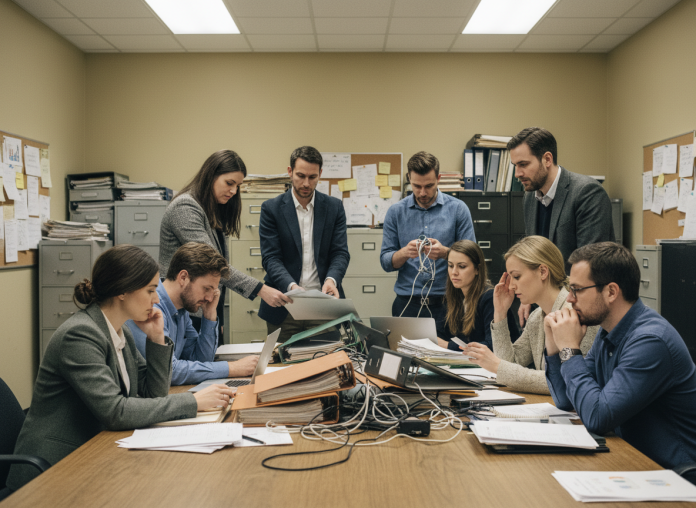 groupe-professionnels-bureau-2 Groupe de professionnels en réunion dans un bureau ancien