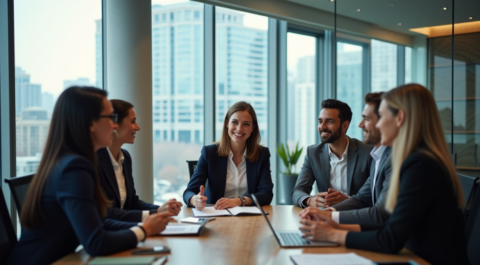 Groupe de professionnels en réunion dans un bureau moderne