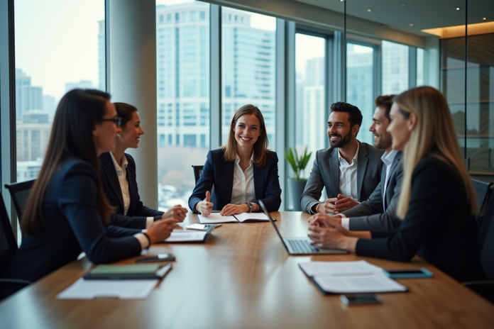 groupe-professionnels-bureau-3 Groupe de professionnels en réunion dans un bureau moderne
