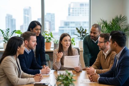 Groupe de professionnels en réunion dans un bureau moderne