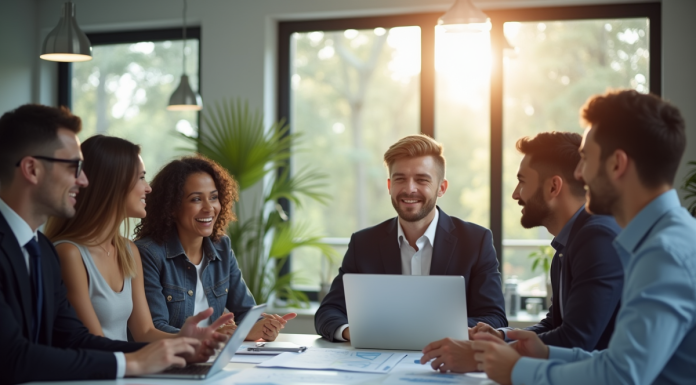 Groupe de jeunes professionnels collaborant dans un bureau lumineux