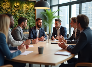 Percevoir l’avenir du travail avec Kreapixel Groupe de professionnels en réunion dans un bureau moderne