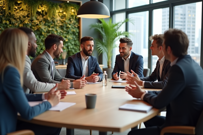 Groupe de professionnels en réunion dans un bureau moderne