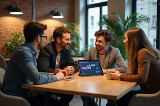 Groupe de professionnels en coworking discutant