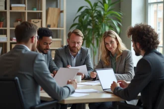 Groupe de collègues en réunion dans un bureau lumineux
