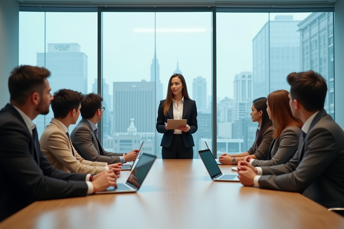 Jeunes professionnels en réunion dans une salle lumineuse