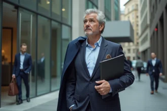 Homme d'affaires en costume devant un bâtiment moderne