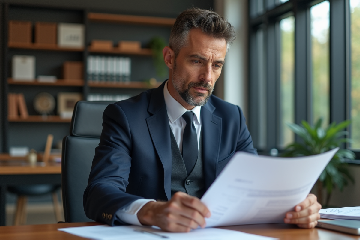 Homme d'affaires en costume bleu examine des documents