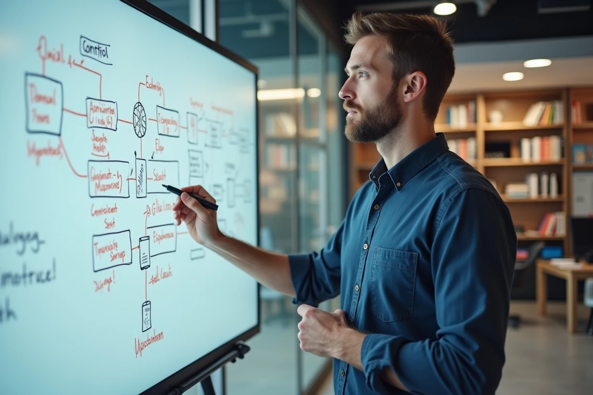Homme d'affaires présentant une stratégie de business model sur un tableau blanc en entreprise
