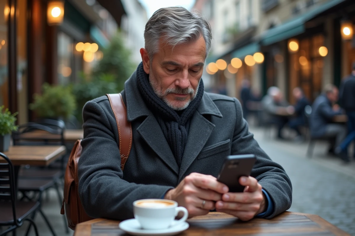 Homme consultant son agenda professionnel sur smartphone dans un café en extérieur