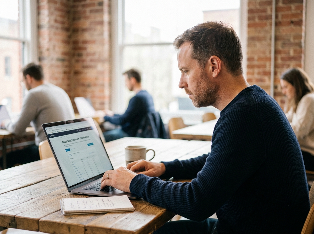 Homme utilisant une plateforme de benchmark salarial en ligne dans un espace de coworking pour explorer les métiers et rémunérations