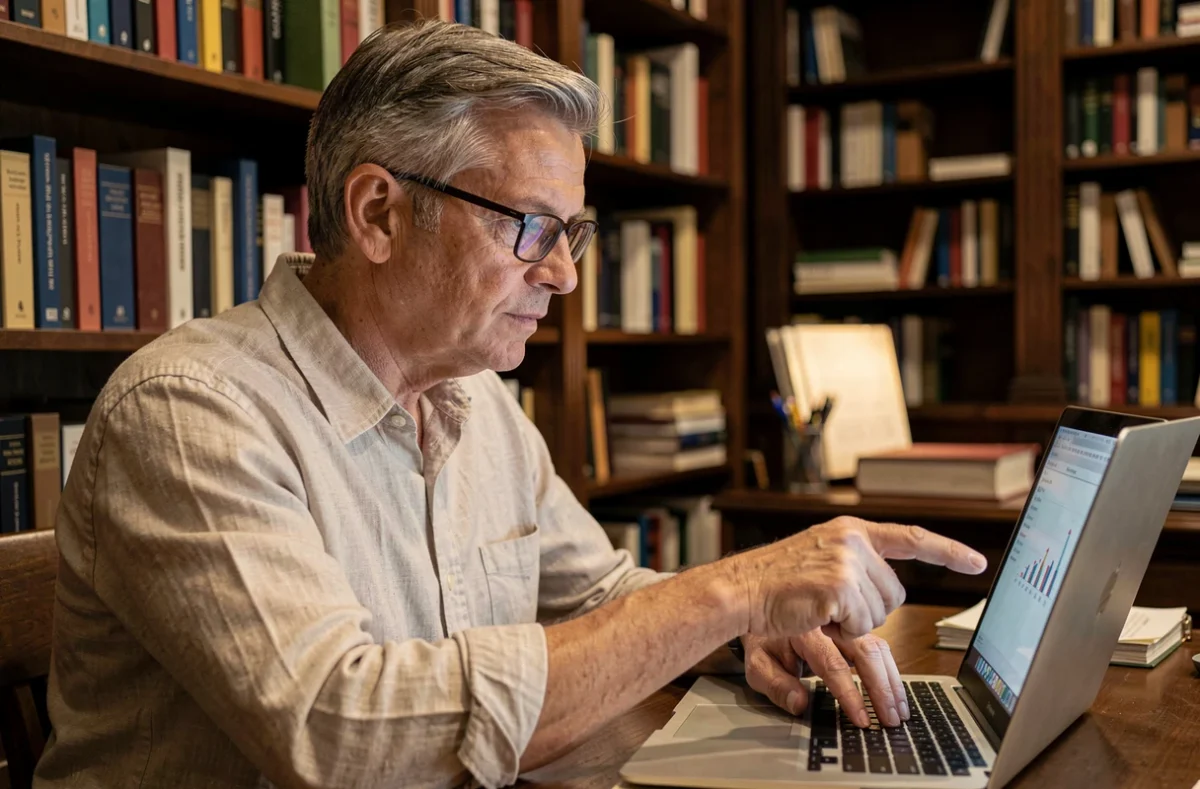 Homme avec lunettes pointant un écran d'ordinateur portable dans une bibliothèque pour retrouver l'URL d'une plateforme en ligne