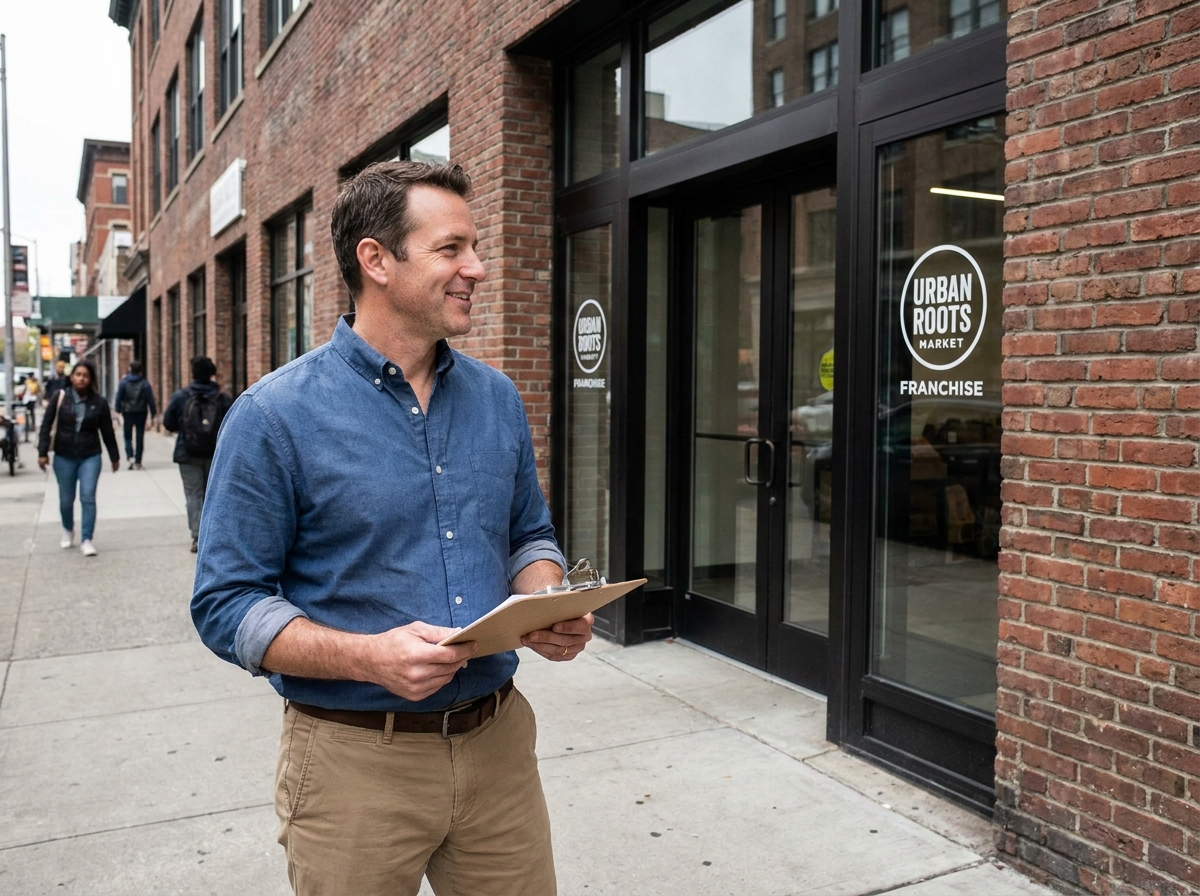 Homme souriant devant une boutique franchis&eacute;e en ville