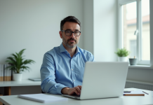 Travailler légalement : pièce sans fenêtre, que dit la loi ? Homme d'âge moyen travaillant sur un ordinateur dans un bureau moderne