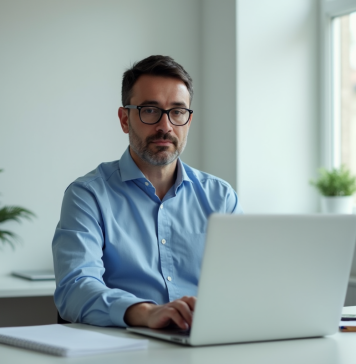 Travailler légalement : pièce sans fenêtre, que dit la loi ? Homme d'âge moyen travaillant sur un ordinateur dans un bureau moderne