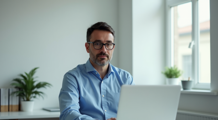 Homme d'âge moyen travaillant sur un ordinateur dans un bureau moderne