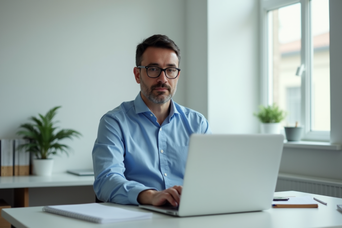 homme-bureau-concentration Homme d'âge moyen travaillant sur un ordinateur dans un bureau moderne