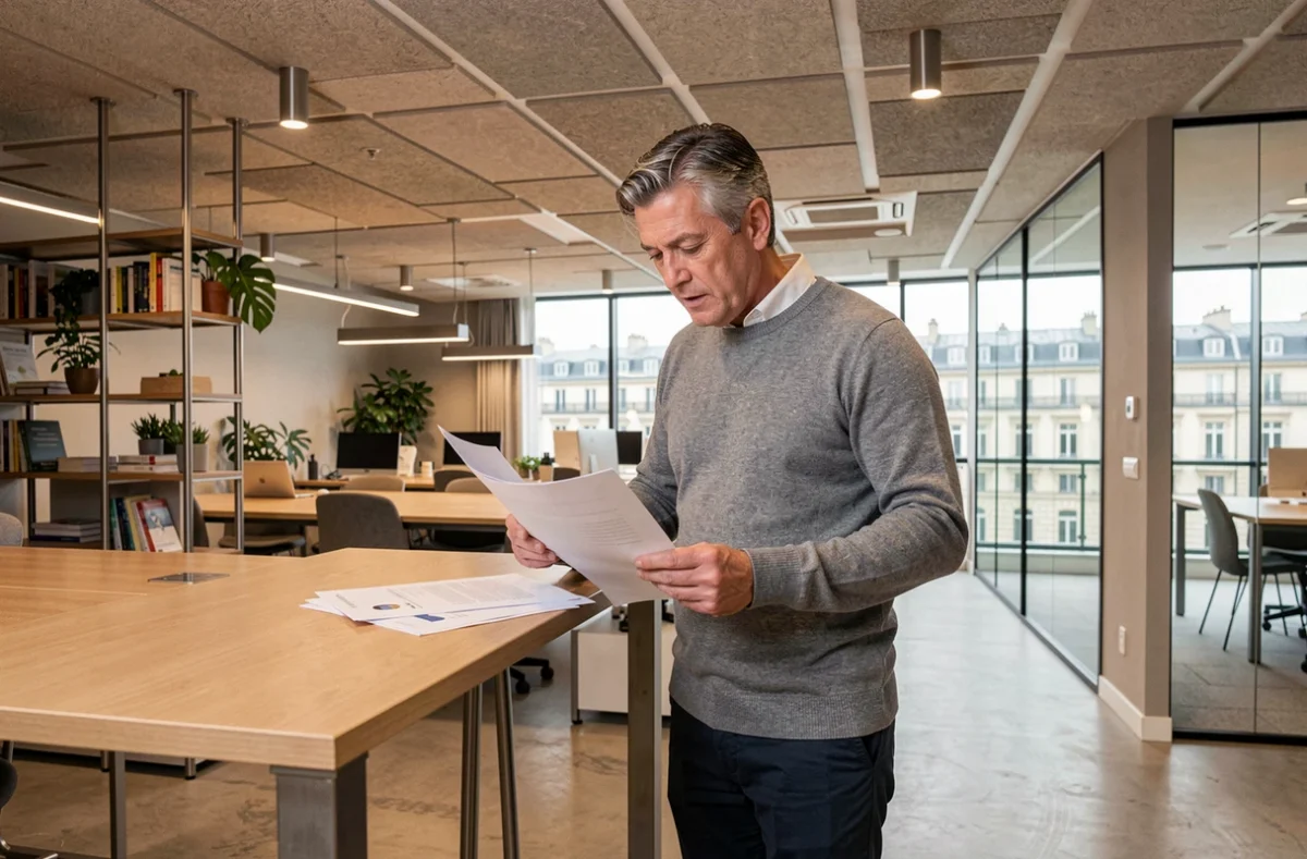 Homme debout à un bureau en espace de coworking à Lyon Part-Dieu révisant des documents professionnels