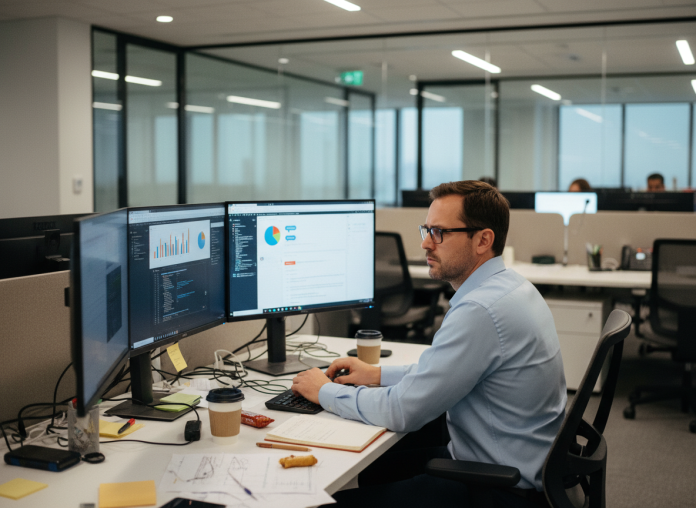 Homme de bureau en blue shirt et lunettes face à plusieurs écrans