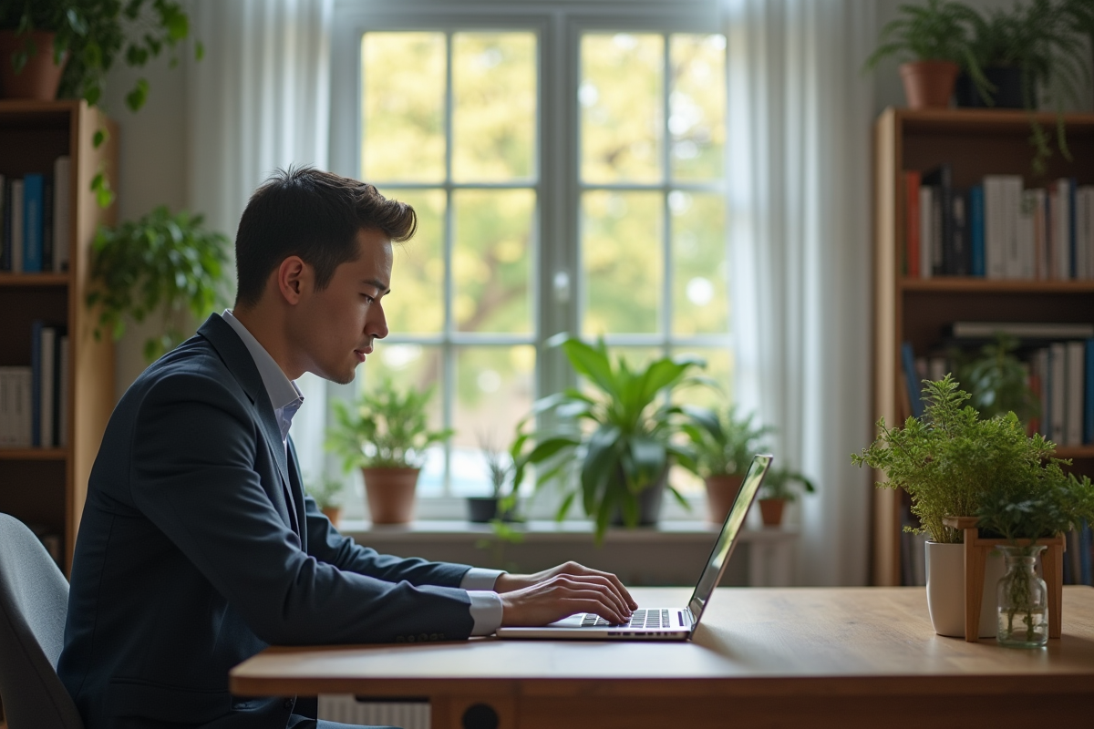 Jeune homme travaillant sur son ordinateur dans un bureau lumineux