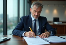 Homme d'affaires en costume bleu examine des documents