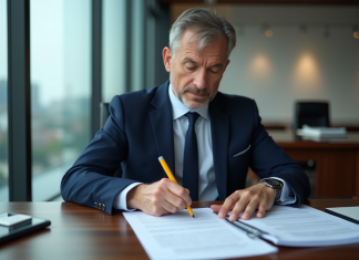 Prouver une faute simple : conseils pratiques et étapes clés Homme d'affaires en costume bleu examine des documents