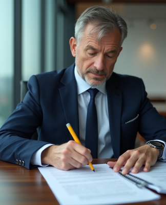 Homme d'affaires en costume bleu examine des documents