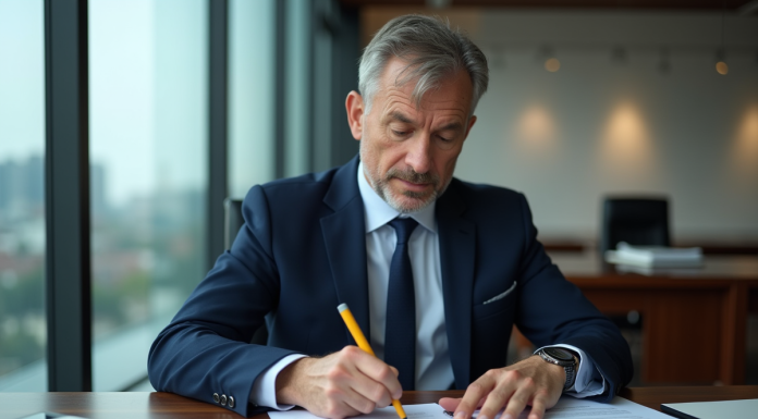 Homme d'affaires en costume bleu examine des documents