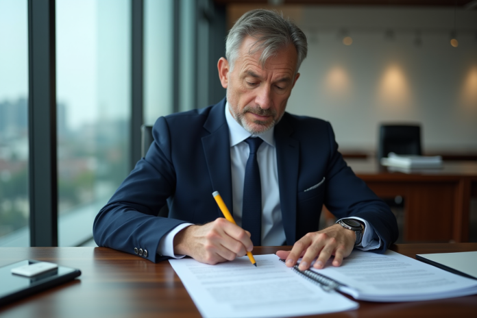 homme-bureau-lecture-documents Homme d'affaires en costume bleu examine des documents