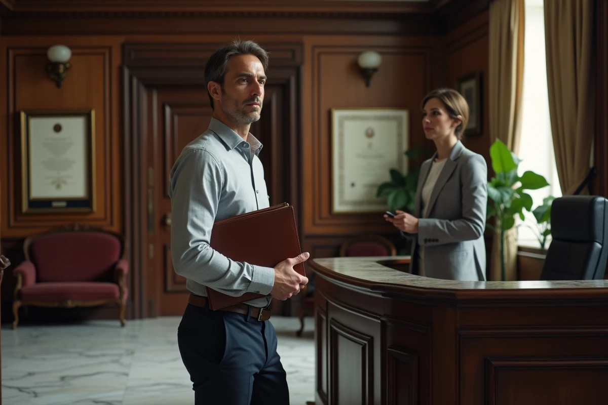 Homme d'affaires en reconversion visitant un cabinet de conseil classique avec décor formel parisien pour accompagnement de transition de carrière