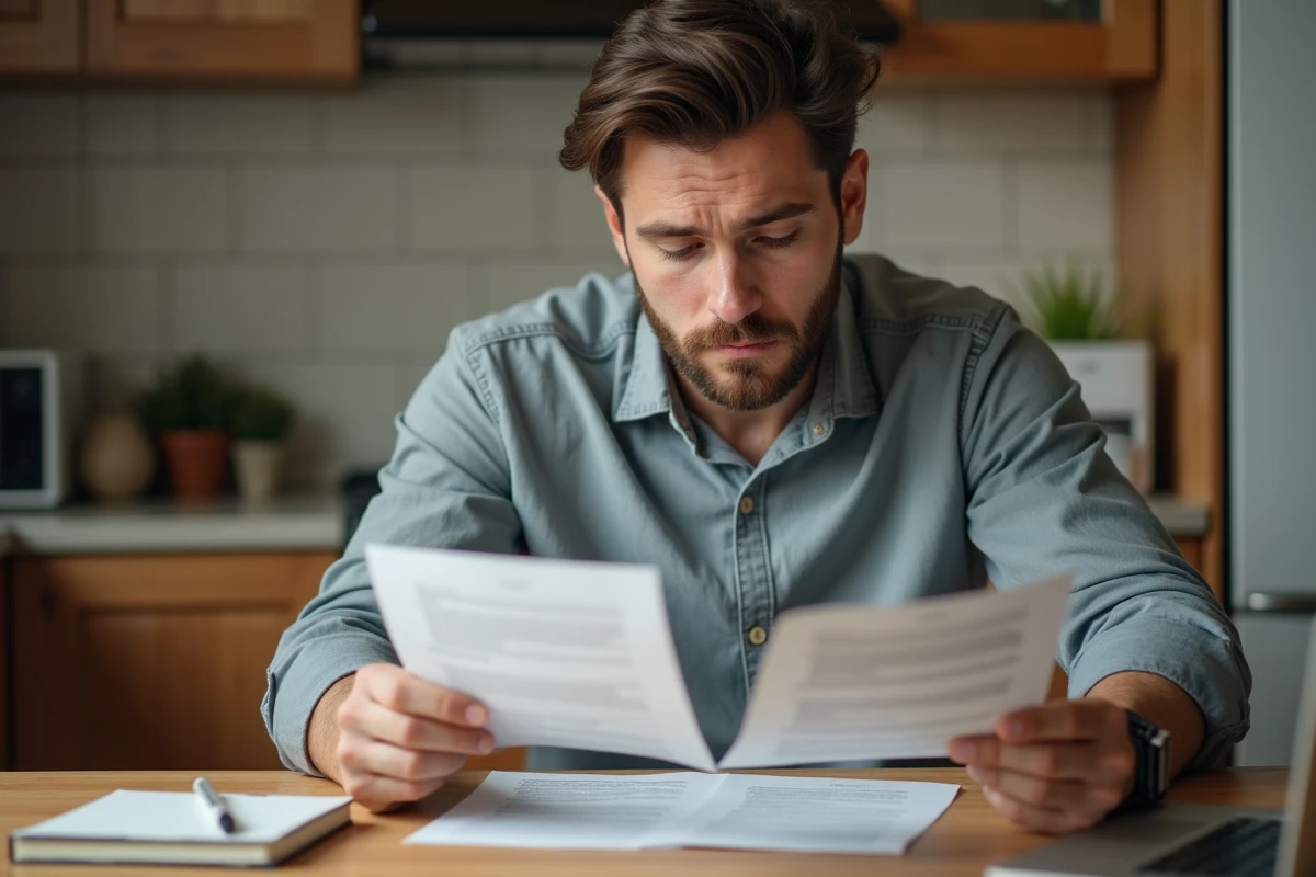Homme comparant deux contrats de travail à domicile avant de signer son passage de CDD en CDI