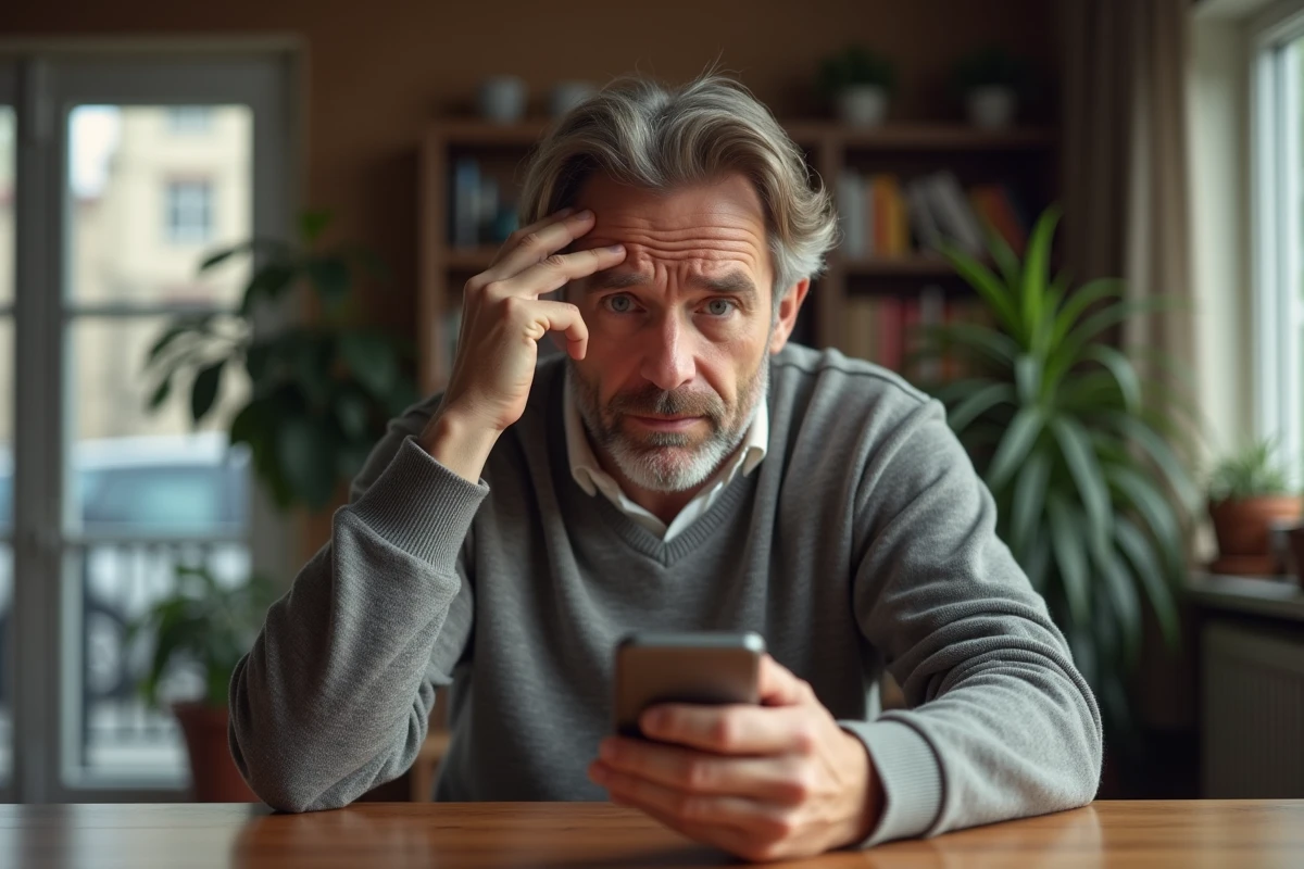 Homme pr&eacute;occup&eacute; utilisant son smartphone &agrave; la maison