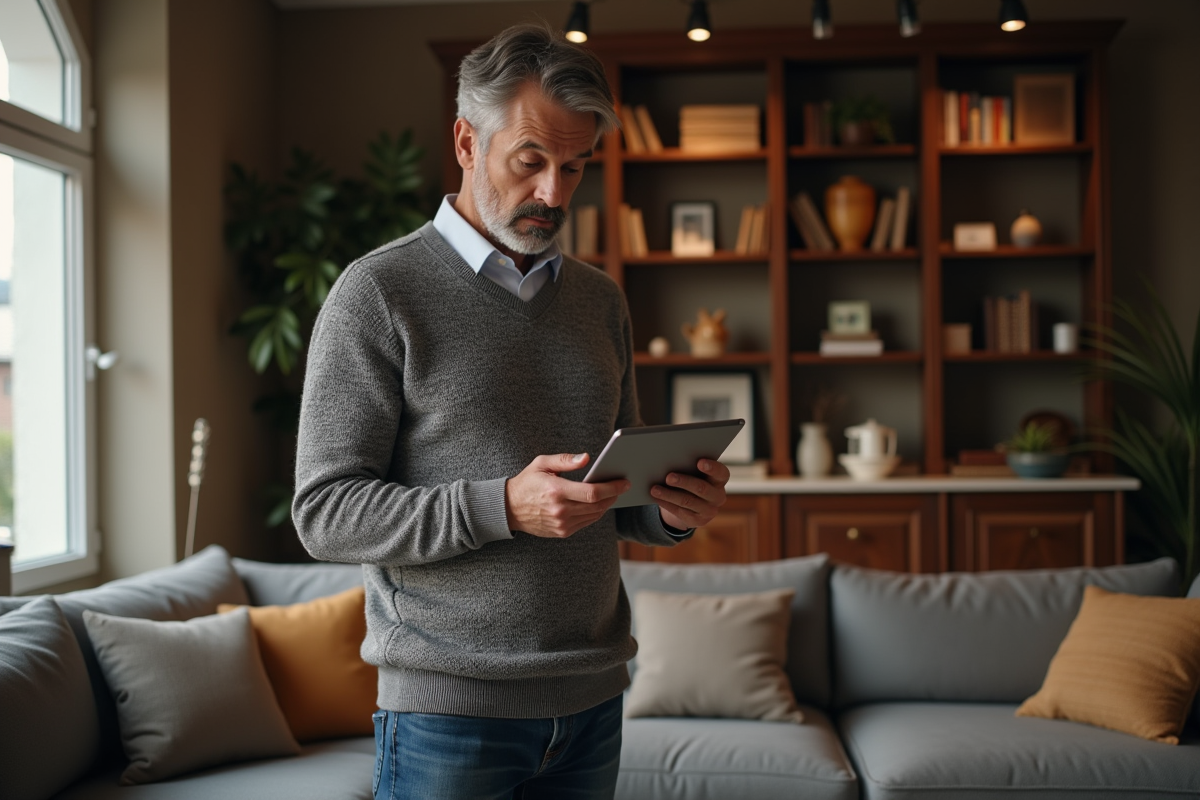 Homme d age moyen regardant une tablette à la maison
